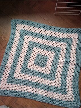 Handmade Crochet Square Blanket in Teal and White